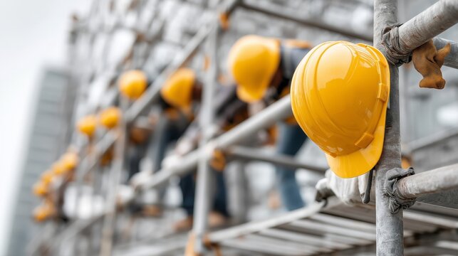 Construction workers with safety helmets climbing scaffolding on industrial site symbolizing teamwork protection responsibility and building development, Generative AI