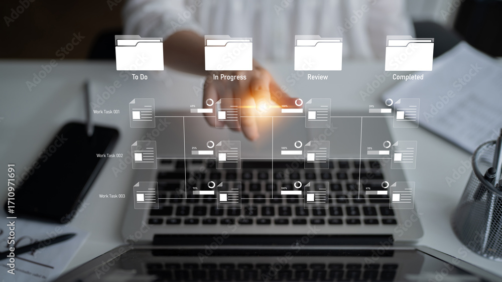 Aufkleber task workflow system showing document progress through stages. task tracking improves productivity, 