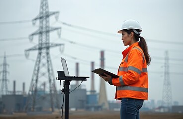 Female engineer inspects power lines in industrial setting. She wears a safety helmet orange vest and jeans. Laptop stands nearby recording data analysis. Electrical energy technology concept.
