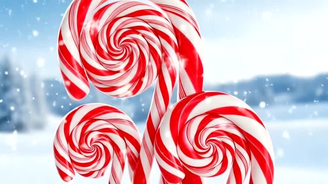 Festive candy canes against a winter wonderland scene.