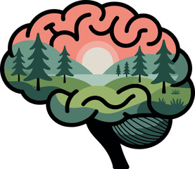 This creative illustration depicts a human brain filled with a serene natural landscape, featuring trees, a lake, and a sunset.