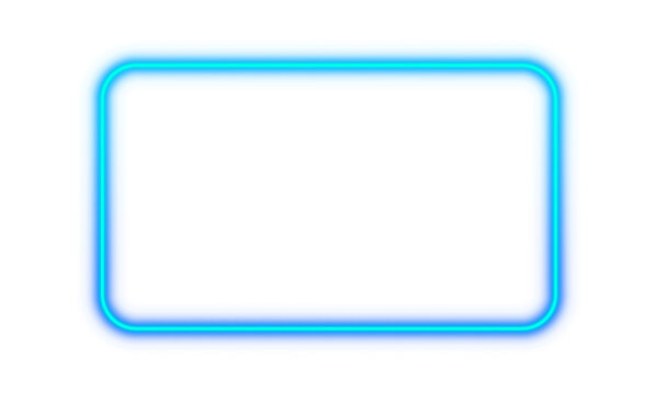 Blue cyan glowing neon rectangle frame border light glow illuminated bright shape transparent background corner rounded electric square luminous vibrant futuristic design element isolated