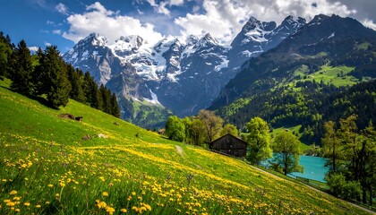 Fototapeta premium A picturesque alpine meadow, dotted with wildflowers, slopes gently toward a turquoise lake nestled beneath snow-capped mountains.