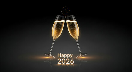Two champagne flutes toasting with happy 2026 text on a dark background for celebration and new year