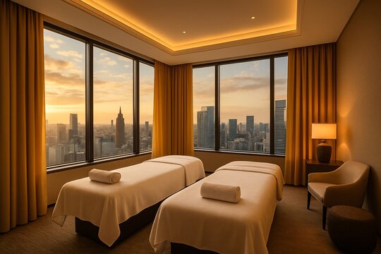 Luxury spa room with city skyline view
