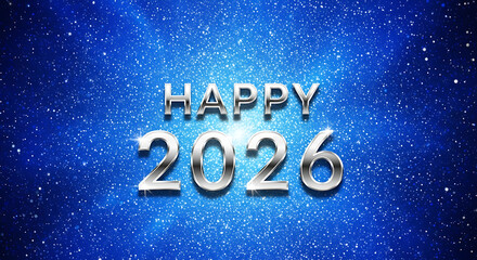 Happy new year greeting card with silver text on a sparkling blue background wishing happy 2026 year