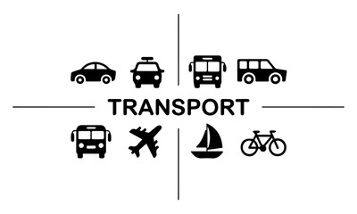 Transportation, vehicle icon set. Vector glyph pictograms of travel, logistics, public transit concepts, car, train, bus, bicycle, boat, and airplane black silhouette illustration.