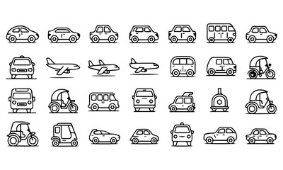 Transportation, vehicle icon set. Vector glyph pictograms of travel, logistics, public transit concepts, car, train, bus, bicycle, boat, and airplane black silhouette illustration.