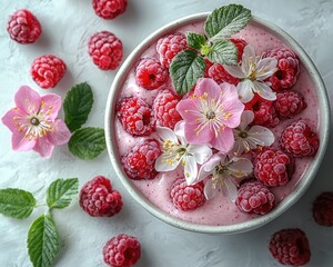 A bowl of frozen yogurt topped with raspberries and flowers