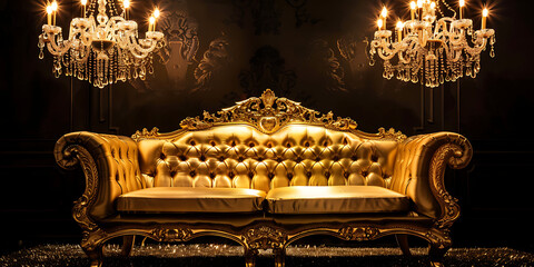 Opulent Gold Tufted Couch with Chandeliers and Dramatic Lighting