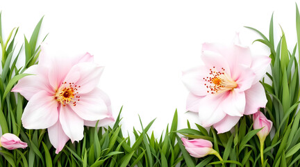 Delicate pink flowers blooming amongst lush green grass