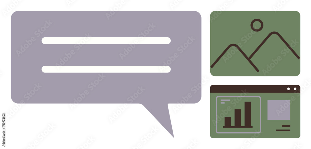 Poster speech bubble next to a framed landscape image and a data chart window with graphs. ideal for commun