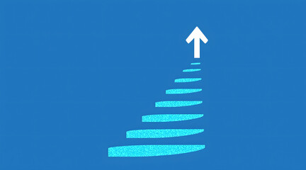 White arrow ascending through staircase of blue steps
