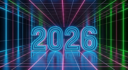 Obraz premium A glowing neon year of two thousand twenty six on a grid background in a retro futuristic style