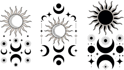 This image presents a collection of celestial design elements, including stylized suns and crescent moons, often seen in mystical or astrological contexts. 