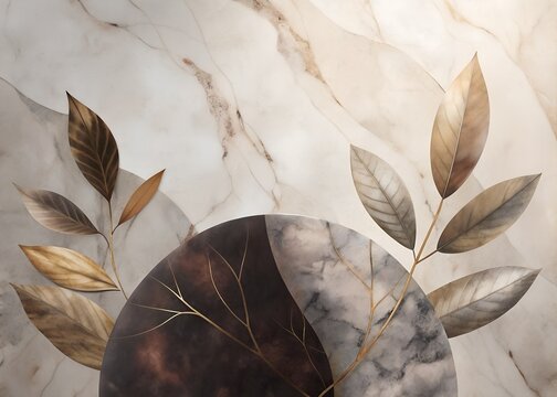 Elegant Marble Texture with Gold Leaves and Circle watercolor illustration