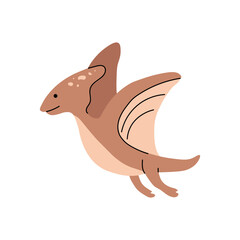 Flying dinosaur with large wings and beige markings, smiling in flat style and isolated on white background