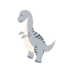 Cute grey dinosaur with dark stripes and closed eyes, standing upright in flat style