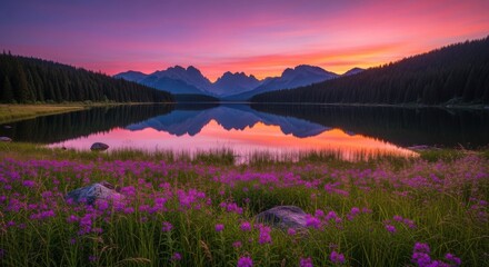 Fototapeta premium Majestic Mountain Lake at Sunset with Wildflowers