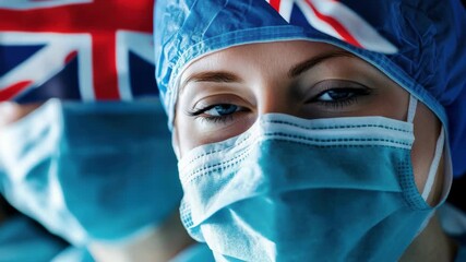 Surgeons wearing protective gear with England flag in a hospital setting during a surgical operation, flag of england over diverse surgeons in hospital - Powered by Adobe