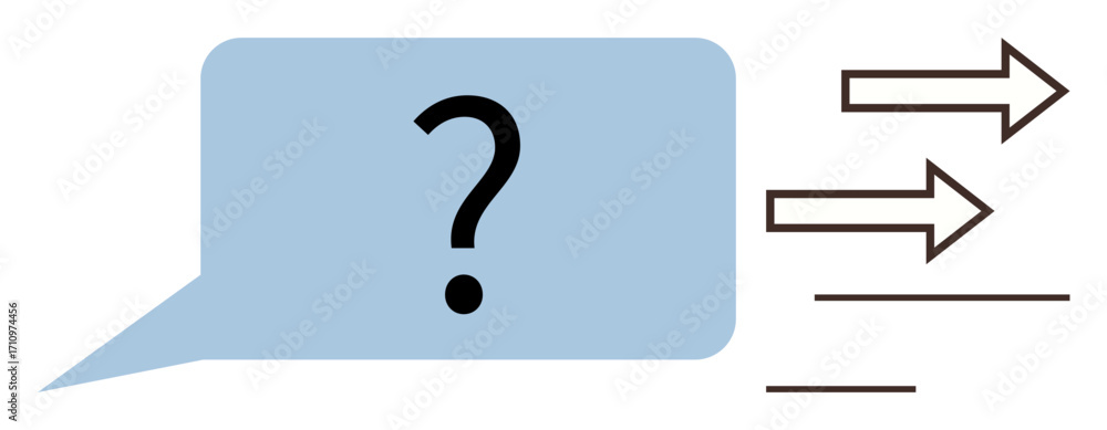 Poster question mark within a speech bubble and arrows moving right symbolize inquiry, dialogue, solutions,