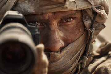 Focused soldier with intense eyes peers through camera lens, wrapped in dusty fabric, conveying determination and resilience in desert setting