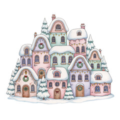 Cute watercolor clipart of holiday town. Hand-drawn houses and festive decorations in pastel tones