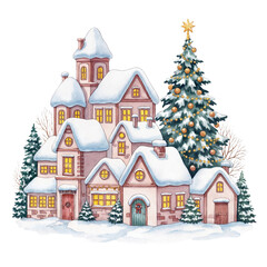 Christmas watercolor village illustration. Cozy winter houses with snowy details on white background.