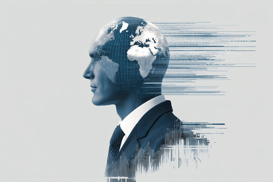 Digital artwork of man profile with globe as his head, symbolizing global connectivity and technology. image blends human and digital elements, creating futuristic feel