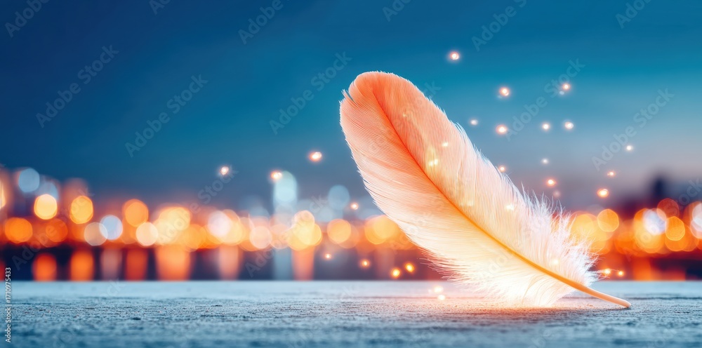 Poster feather on a surface with glowing twilight lights behind it