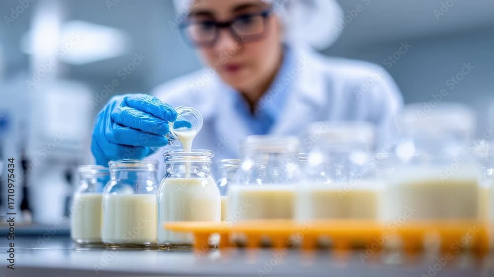 Poster quality control expert in a lab coat carefully collecting milk samples in sterile containers with th