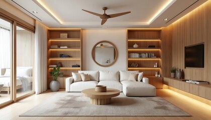 Modern luxury living room with white sectional sofa, wood coffee table. Wall mounted TV, built-in shelves, books, decor items. Warm accent LED lighting, stylish ceiling fan create cozy atmosphere.