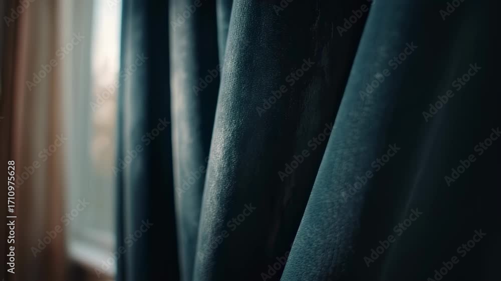 Poster medium shot focusing on plush velvet curtain folds pulling across a window with blurred room element