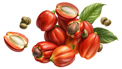 Obraz premium Pile of mamoncillo fruits with leaves and seeds isolated on transparent background, a tropical fruit native to south america