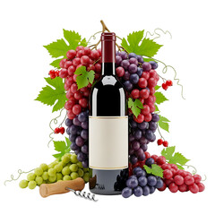 Fototapeta premium Bottle of red wine with red and green grapes isolated on transparent background