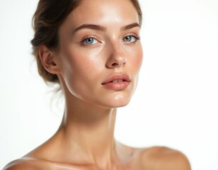 Obraz premium Portrait of a young woman. She has fair skin blue eyes and light brown hair. Her skin looks smooth and healthy. The background is white in this photo.