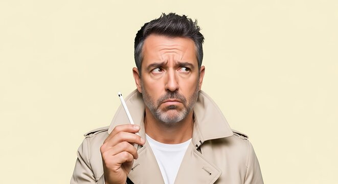 A middle-aged man in a trench coat looks thoughtfully to the side while holding a cigarette.