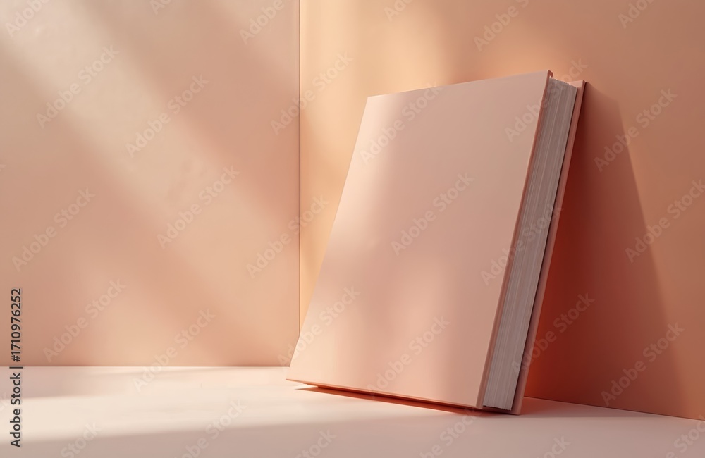Poster a blank pastel pink hardcover book leans against a wall with soft light and shadow patterns. the min