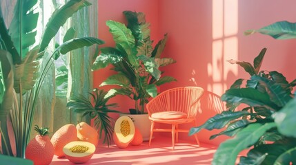Vibrant room filled with tropical plants and fruit.