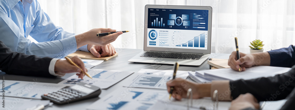 Poster business intelligence and data analysis concept. analyst team working on financial data analysis das