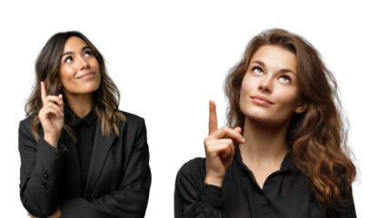 Two women with thoughtful expressions pointing upwards against a transparent background in a modern setting