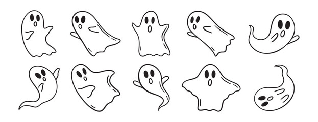 Cartoon haunted ghost Halloween doodle hand drawn icon set. Outline drawing cute ghost characters.