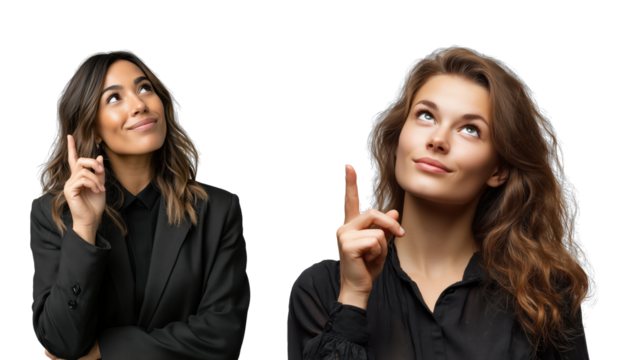Two women with thoughtful expressions pointing upwards against a transparent background in a modern setting