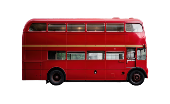 Bright red double-decker bus with transparent background showcasing classic design and unique charm