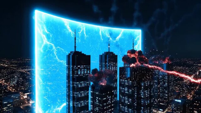 Electric Barrier over Buildings: A vibrant electric barrier protects skyscrapers in a metropolitan cityscape, as lightning crackles across the night sky.