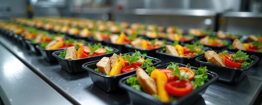 Rows of prepackaged fresh salads with bread, tomatoes, lettuce, bell peppers sit ready for distribution. Food service delivery, healthy meals for catering, office lunch, event catering. Many - Powered by Adobe