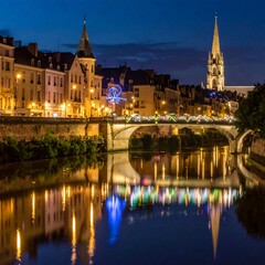 Obraz premium A charming European city at night, with a bridge adorned with colorful lights reflected in the still water.