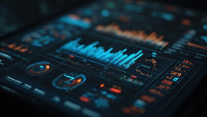 Obraz premium Close-up of a futuristic digital dashboard, showcasing dynamic data visualizations in vibrant blue and orange hues, highlighting complex information presented in a high-tech interface.
