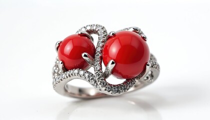 Elegant ring featuring two smooth red coral spheres, sparkling diamonds set in silver metal. Fine jewelry piece with intricate details, luxurious accessory for women, symbol of love, passion,