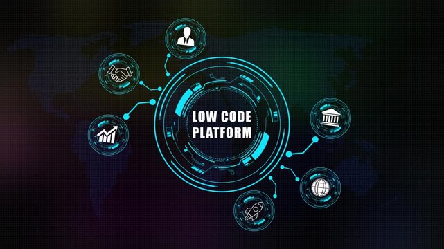 Futuristic Concept of low code platform with Digital Network and Global Connectivity on world map background .